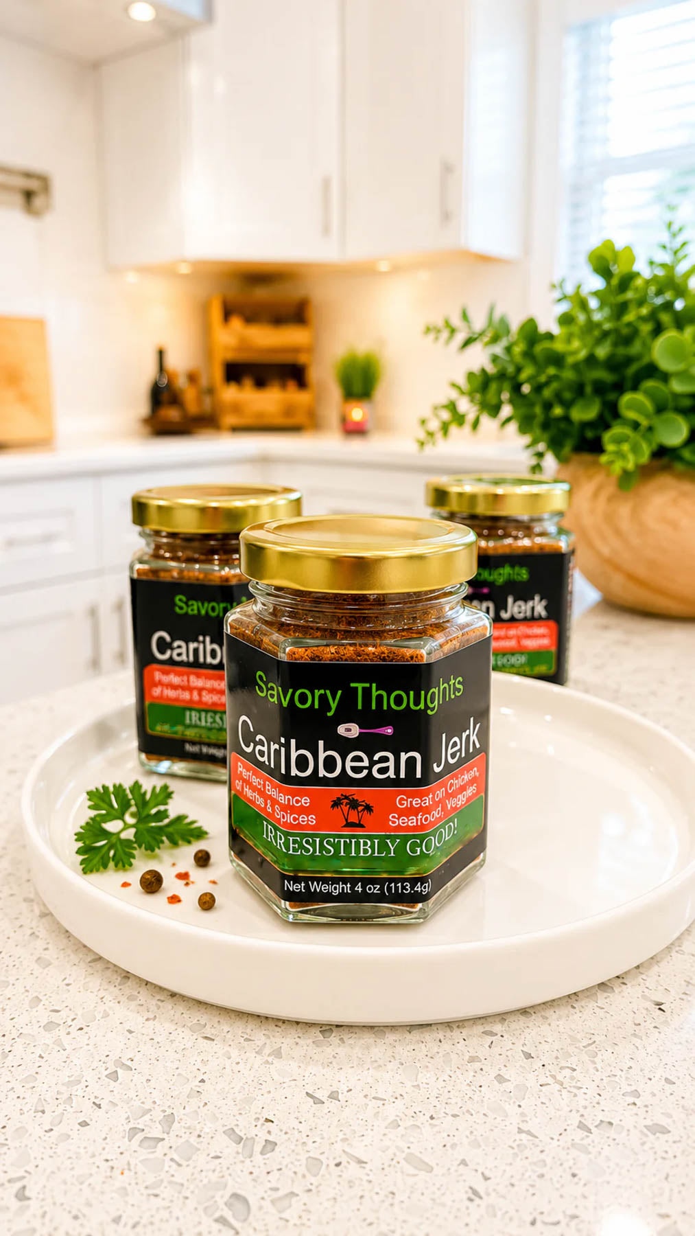 Jars of Caribbean jerk seasoning on a kitchen counter with a blurred background