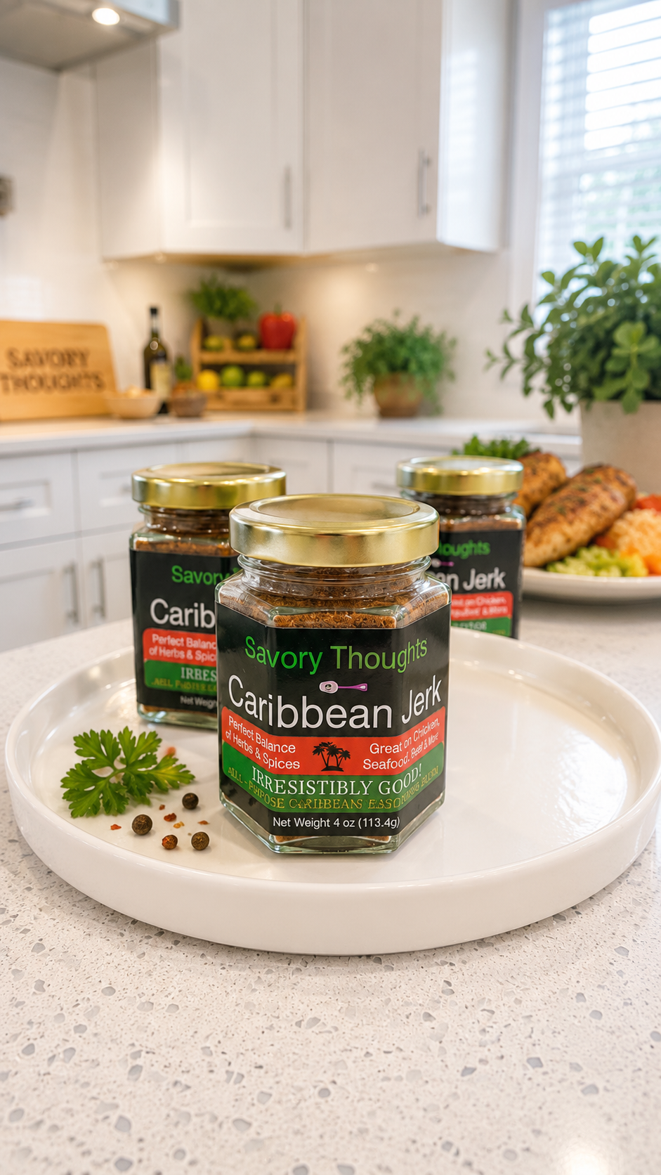 Jar of 'Savory Thoughts Caribbean Jerk' seasoning on a kitchen counter with other jars and ingredients.