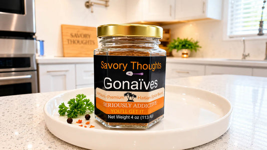 Jar of Savory Thoughts Gonaives seasoning on a kitchen counter