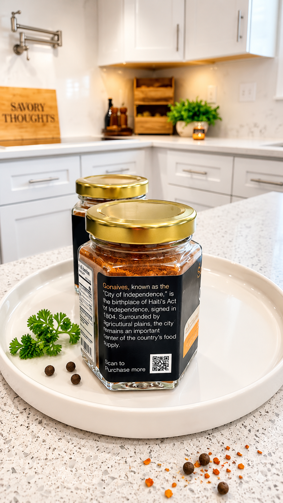 Two jars of spices on a kitchen counter with a QR code label.