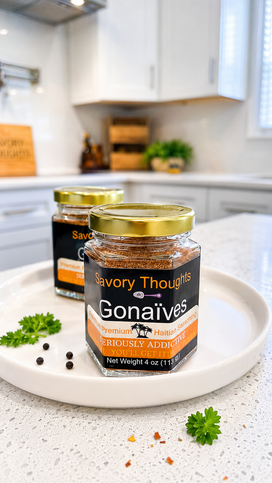 Jar of 'Savory Thoughts Gonaives' seasoning on a kitchen counter