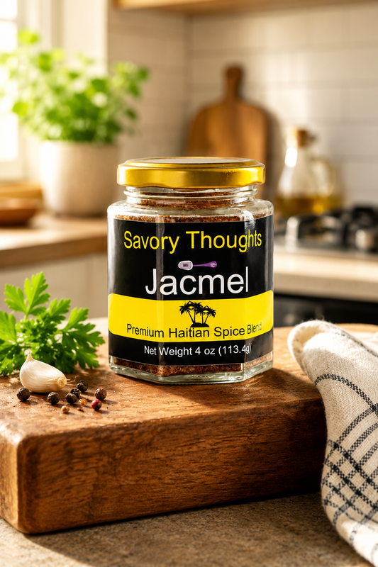 Jar of Jacmel spice on a wooden cutting board in a kitchen setting