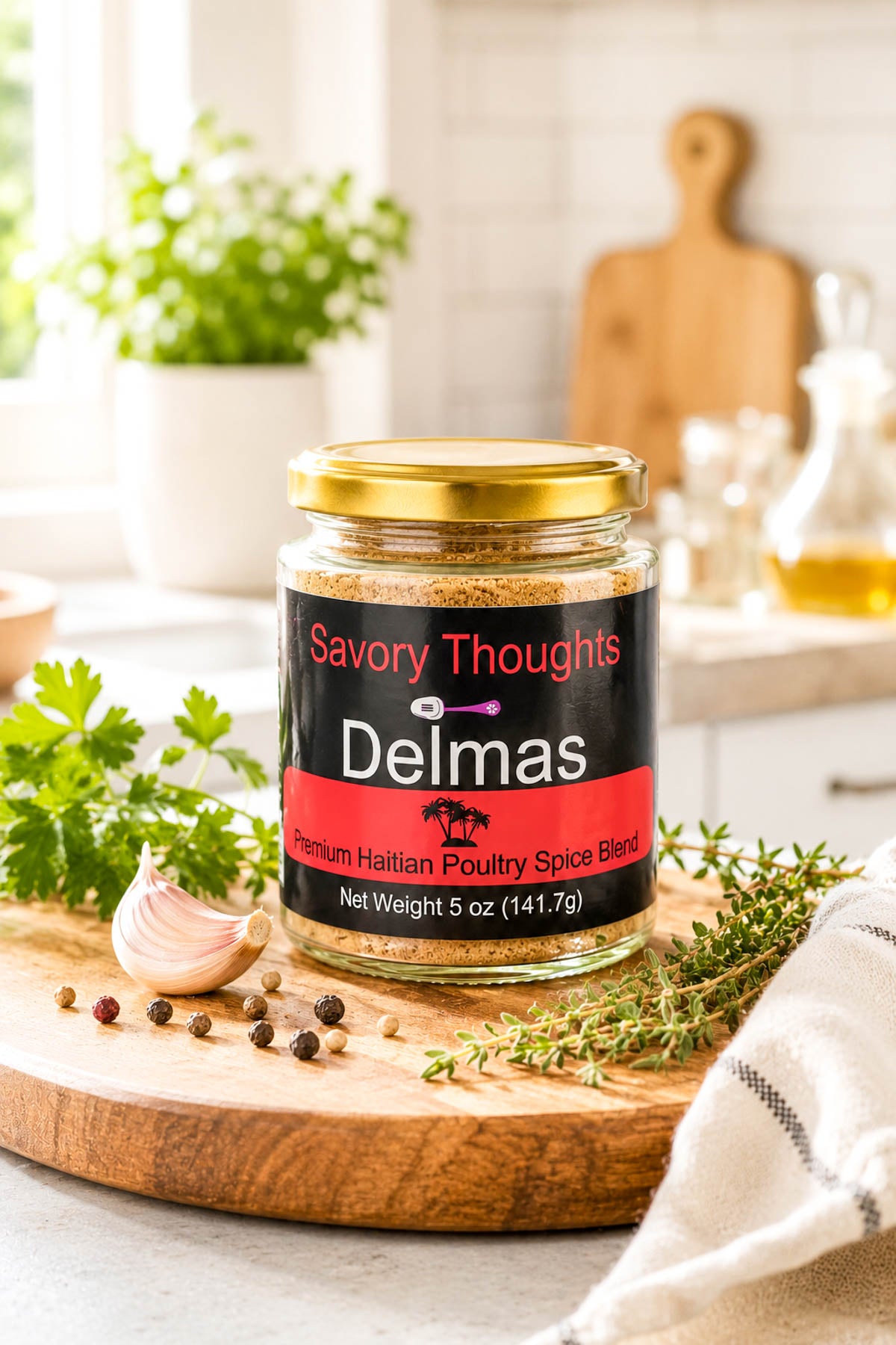 Jar of Savory Thoughts Delmas spice blend on a kitchen counter with herbs and garlic.
