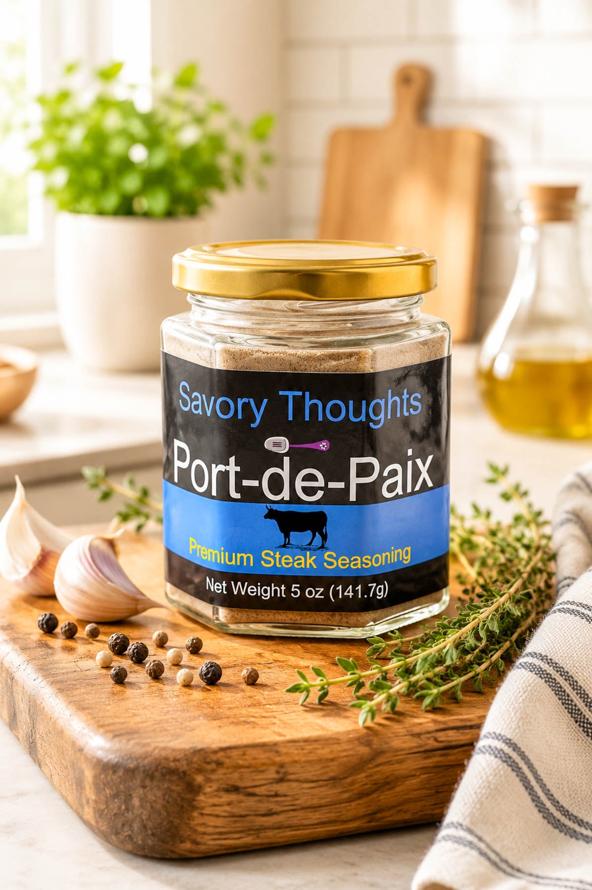 Jar of 'Port-de-Paix' steak seasoning on a wooden cutting board with kitchen items in the background.