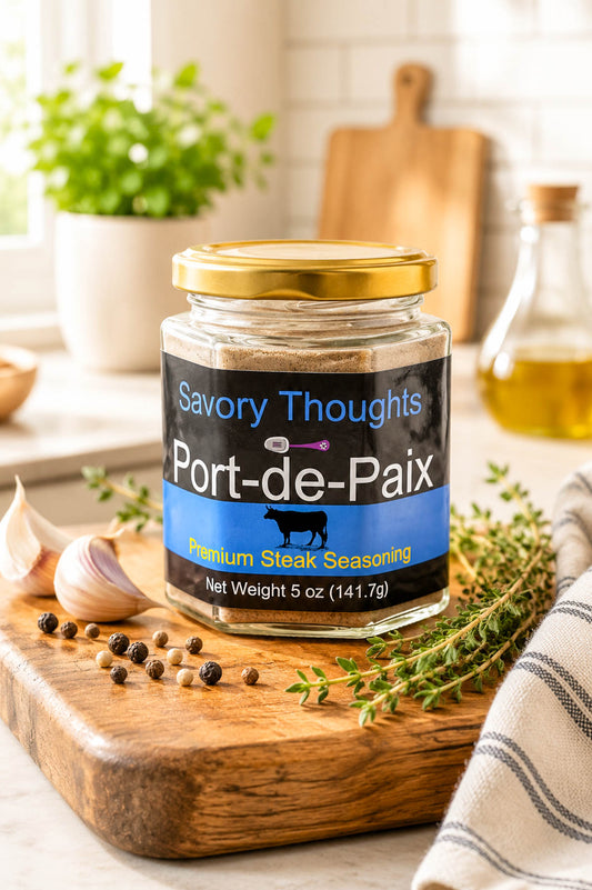 Jar of 'Port-de-Paix' steak seasoning on a wooden cutting board with kitchen items in the background.