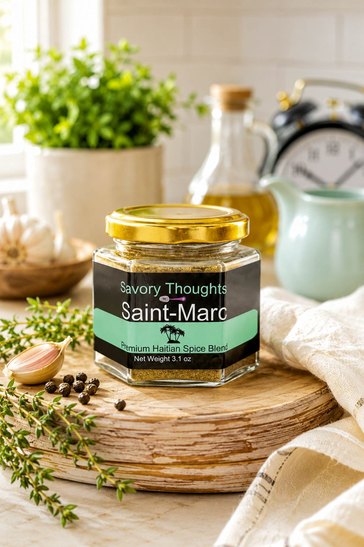 Jar of 'Savory Thoughts Saint-Marc' spice blend on a wooden board with kitchen items in the background.